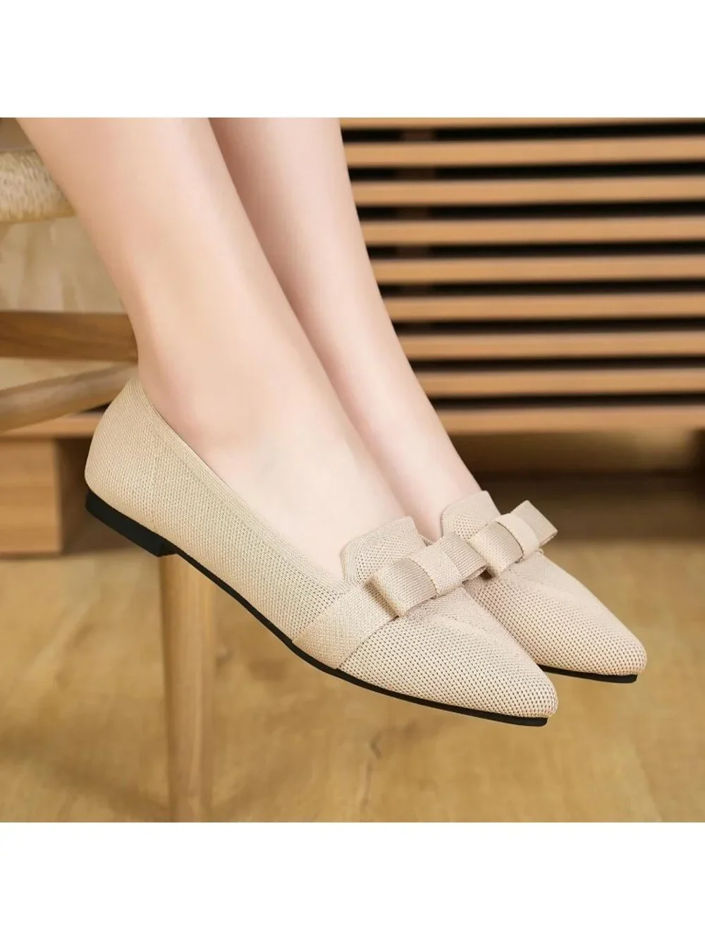 Women's Nude Rubber Soft Knit Breathable Pointed Toe Ballet Flats Casual Shoes